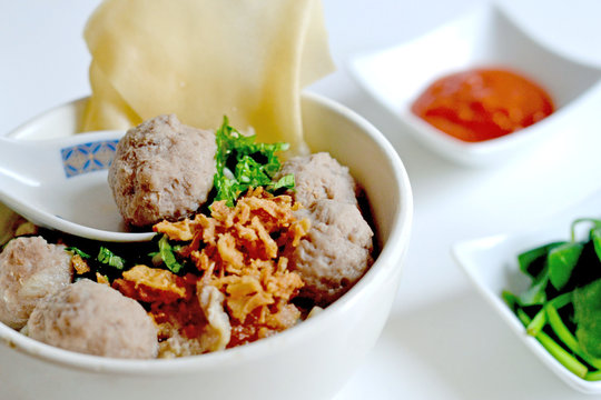 Beefball Noodle Soup, or Bakso Baso, Popular Asian Cuisine Food for Breakfast Lunch and Dinner