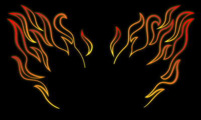 Stylized and minimalist fire wings vector illustration in cartoon line art with glow and dark background