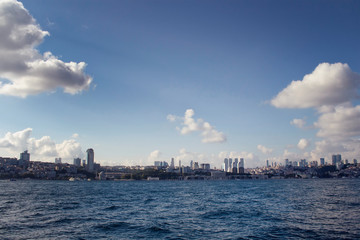 Naklejka premium View of the European side of Istanbul from a boat on Bosphorus.