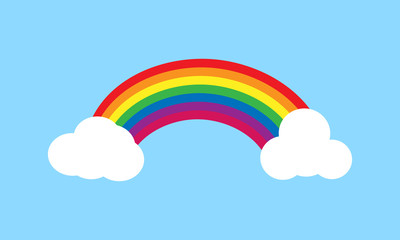 flat cartoon 7 colours rainbow with two clouds and blue sky