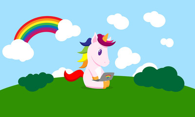 flat cartoon unicorn with laptop in the middle of the camp
