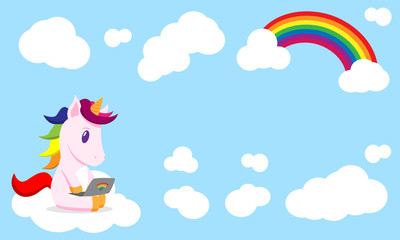flat cartoon unicorn with laptop in the clouds