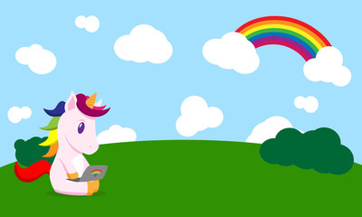 Obraz na płótnie Canvas flat cartoon unicorn with laptop in the field