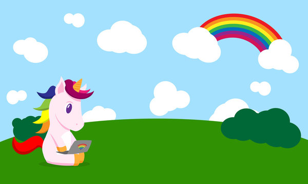 flat cartoon unicorn with laptop in the field