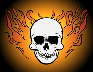 Front view vector illustration of a human skull symbol or logo with fire wings or hair