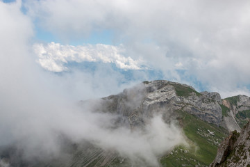 View mountains scene from top Pilatus Kulm in national park Lucerne, Switzerland, Europe. Summer landscape, sunshine weather, dramatic sky and sunny day