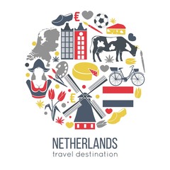 Netherlands travelling sketch for tourists of traditional symbols
