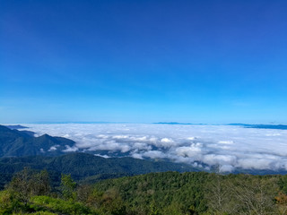 View of Mountains covered by heavy fog at Doi Inthanon National Park  in Chiang Mai Province, northern Thailand