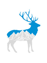 cool muster hirsch reh geweih jäger berge hügel alpen wandern urlaug ferien radtour hoch oben klettern aufsteigen besteigen erklimmen berg clipart design kalt schnee snowboard ski fahren