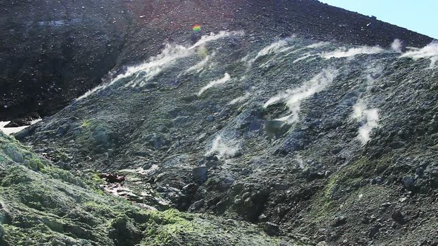 Fumarole field in Ebeko volcano caldera. Emission of hot sulfur gas