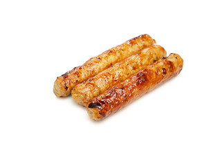 grilled juicy sausages on white background