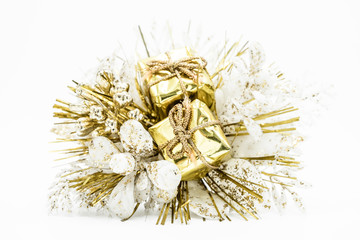 Frozen christmas flower bouquet with golden gifts.