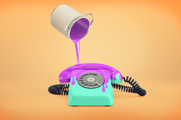 3d rendering of blue retro rotary phone stands on an orange background with purple paint leaking on it from a can.
