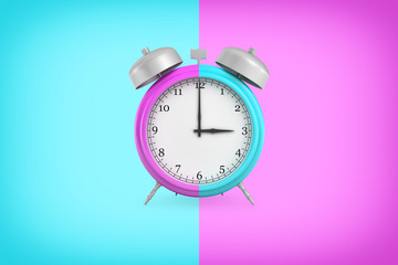 3d rendering of retro alarm clock with bells and a large face hangs on a background in double blue and purple colors.