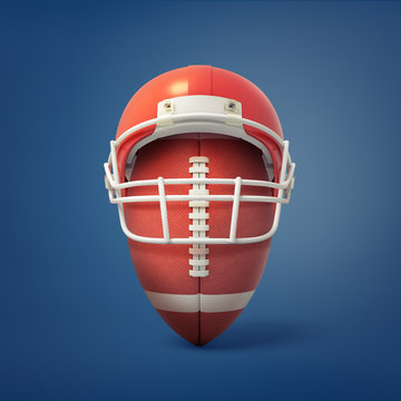 3d rendering of American football ball stands with a helmet pun over it like on a player's head.