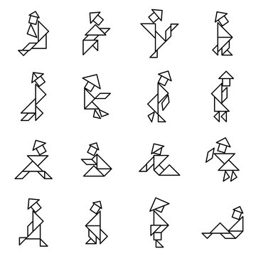 Set of Simple outline tangram Chinese people in variety action for create design icon vector