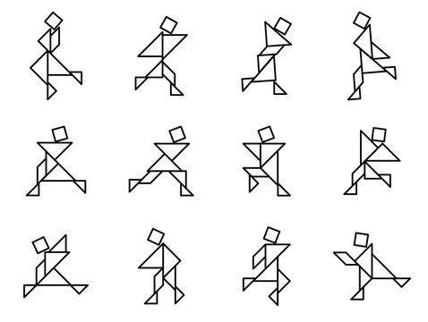 Set of Simple outline tangram people in variety action for create design icon vector