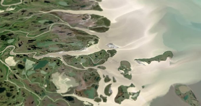 Very high-altitude circular tracking shot of Mackenzie Delta, Canada with tilt-shift effect. Reversible. Elements of this image furnished by NASA. 