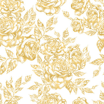 Beautiful graphic pattern with roses flowers and leaves. 