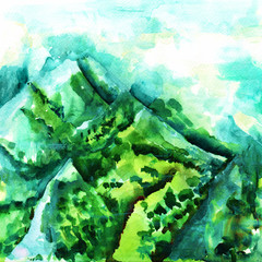 A watercolour landscape painting, view over the mountains in teal blue and green