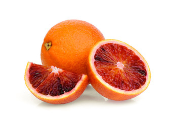 whole and half with slice blood orange isolated on white background