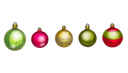 Merry Christmas and Happy New Year vector set. Multicolored glass balls Isolated on white background. Winter hollidays collection.