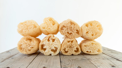 shower equipment made from fiber of zucchini on white background
