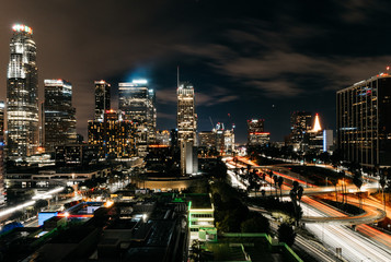 Downtown Los Angeles at night after a winter rain storm 