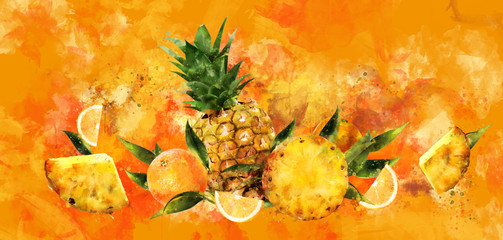 Pineapple on orange background. Watercolor illustration