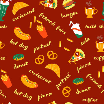 Vector Pattern  with Hot Dog, Pizza, Coffee, Donut, Hamburger and Etc.