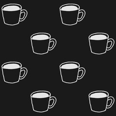 Coffee mugs in hand drawn style. Coffee or tea cups seamless pattern in black and white