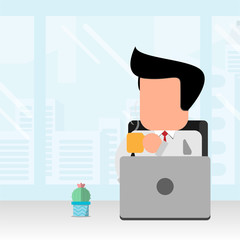 flat design businessman sip coffee in office