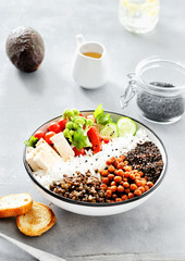 Top view buddha bowl wooden table Clean balanced healthy food