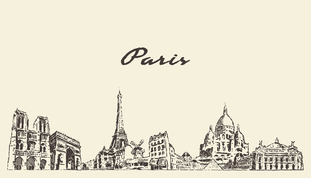Paris skyline, France vector city drawn sketch