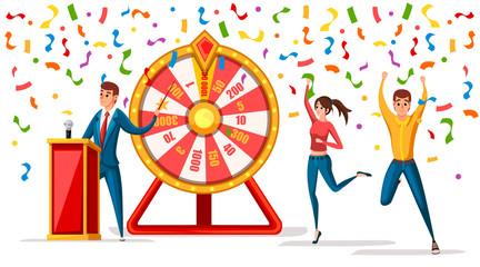 Wheel of fortune with men and confetti. Winners man and women. Wheel game ,winner play luck flat style. Vector illustration isolated on white background