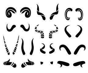 Black silhouette. Set of animal horns. Horn icons. Horny hunting trophy of reindeer. Flat vector illustration isolated on white background