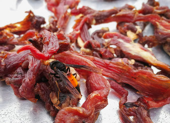 Beef, cut into long pieces, dried on the tray aluminum, with on the Hornets coming eating a piece of meat.