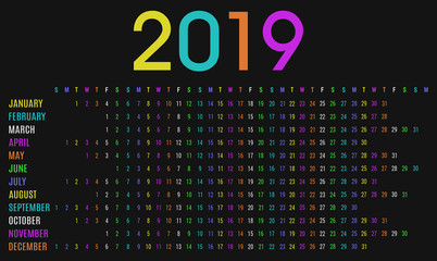 Colorful 2019 planner calendar and day schedule for private use and business