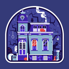 Halloween spooky house sticker with haunted victorian mansion full of ghosts and scary creatures.