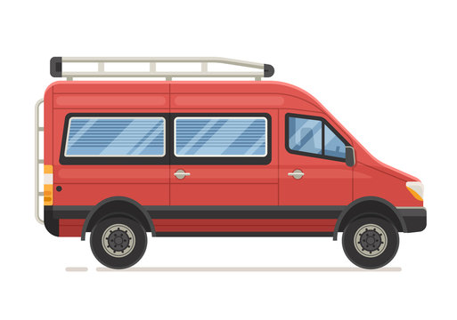 Retro RV minivan in flat design. Family van icon. Old red microbus for road travel. Cartoon voyage car.