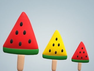 Red and yellow watermelon slice each size on stick ready to eat. Ice fruit like ice cream. Dimension digital art drawing. 