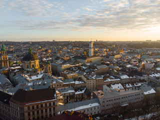 beauty sunset over old european city. birds eye view