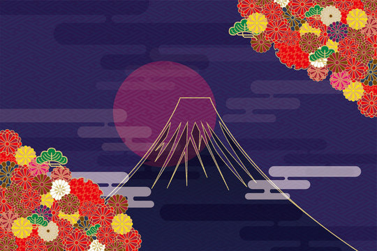 着物のイメージの正月用背景　和柄と富士山と日の出　紺：年賀状素材　工字繋ぎ文様と菊と雲の柄
