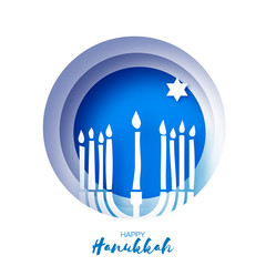 Origami Happy Hanukkah Greeting card on blue. Hanuka jewish illustration. jewish menorah. Hanuka candles symbol in paper cut style. Happy holidays. David star.