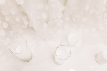 Minimalist white candles wedding decor, luxury led backlight. Top view