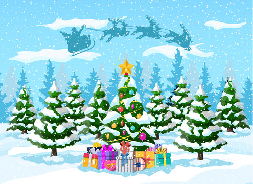 Christmas tree santa claus with reindeer sleigh