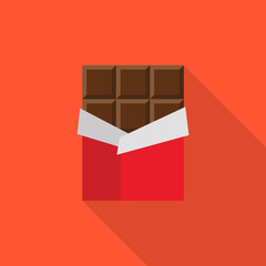 Opened Chocolate bar in a red wrapper flat icon with long shadow isolated on orange background. Simple chocolate in flat style, vector illustration.