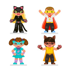 Cute kids super hero teens characters set flat design vector illustration