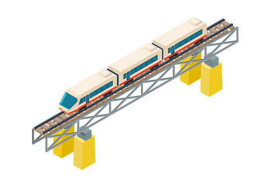 Isometric railroad train on railway rails on piles flat design vector illustration