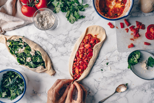 Turkish Pide Pizza Flat Bread with Tomato and Spinach Food Series